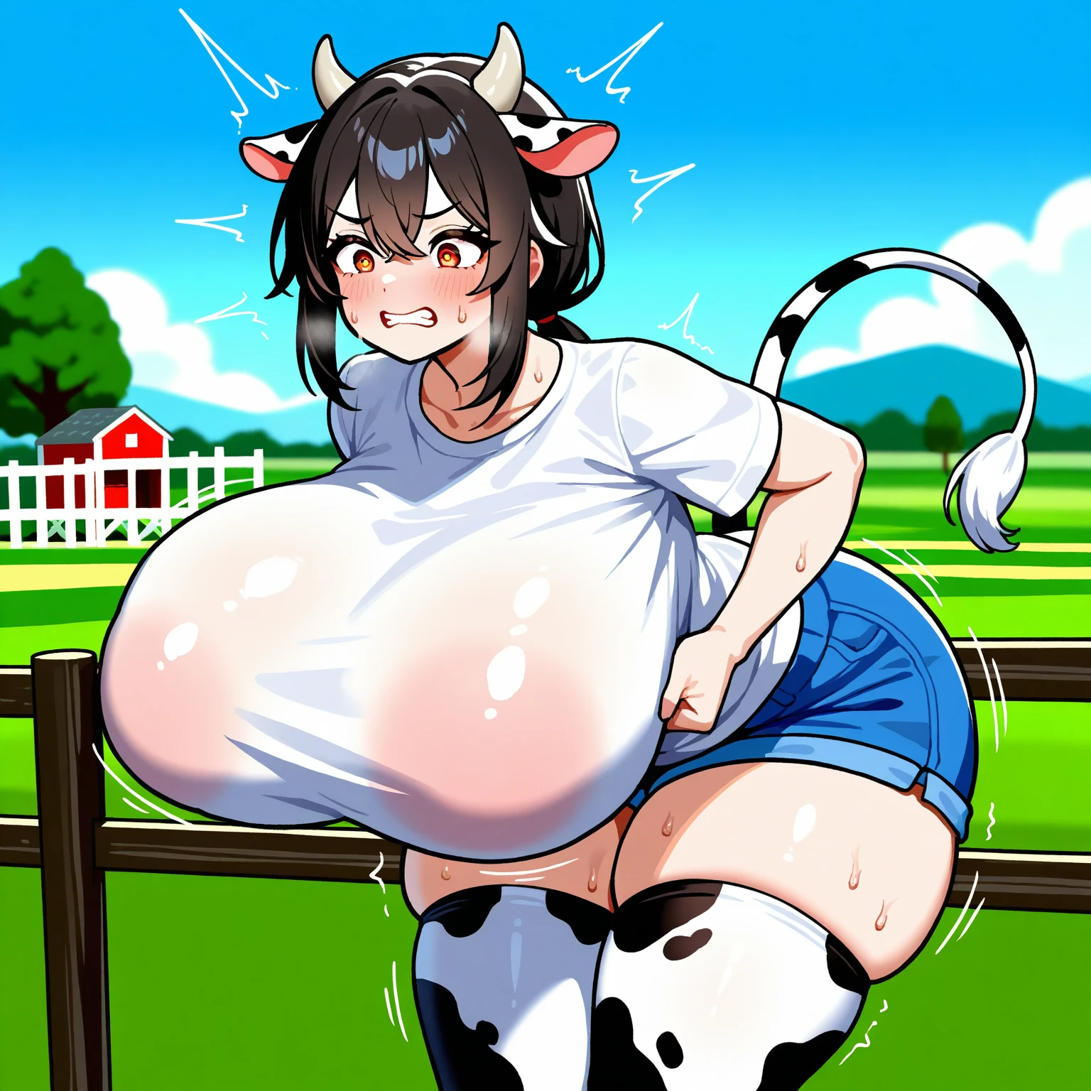 ((anthro cow girl,holstein fur,((she has cow udders)))),cow bell,nose ring,((the cow is milked)),((milk)),nude,in the ranch,((cow hoofs)),on all fours,out of tongue,((udders of holstein)),((swelling her udders of cow)),((long nipples of holstein)),((feel her orgasm)),((moo))