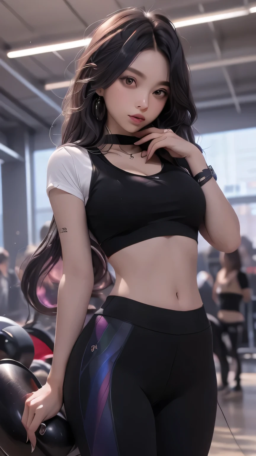 1人の女の子 魚眼レンズ 1girl black_hair black_pants black_sports_bra blush breasts covered_erect_nipples cropped_shirt grey_hair hair_ornament highres large_breasts long_hair looking_at_viewer multicolored_hair navel pants red_eyes sakamata_chloe shirt short_sleeves solo sports_bra streaked_hair white_shirt wristband x_hair_ornament yoga_pants