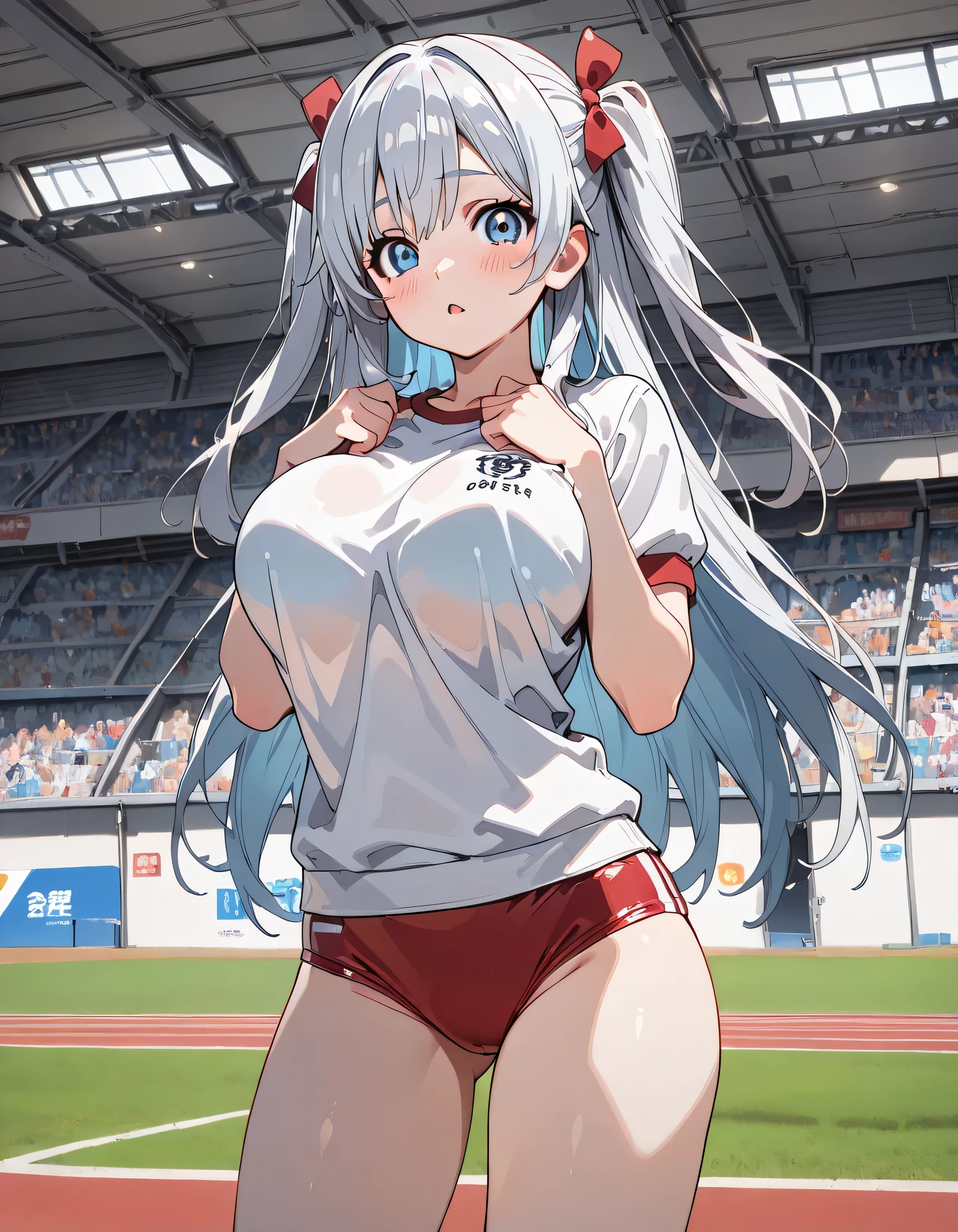 muste piece、masterpiece、highest quality、Super detailed、High resolution、8K portrait、High definition CG of Unity 8k wallpaper、cute type little:1.5、Lori:1.5、Highly detailed CG unity 8k wallpaper、Realistic、real person、 portrait photography、shiny skin、High definition、(:1.2)、(1 girl)、beautiful clear eyes、extremely detailed description、delicate face、nice lips、slender body、medium breasts 同 thin waist、thin legs、(Atlantic stadium track:1.6)、1 girl, cute type, perfect face, seriously, (blush:1.5),(silver hair long hair:1.3),medium breasts 同,(short sleeve gym clothes:1.2),((clothes lift:1.5)),((I have nipples)),((climax in vagina:1.5)),gran,(spread legs:1.2)