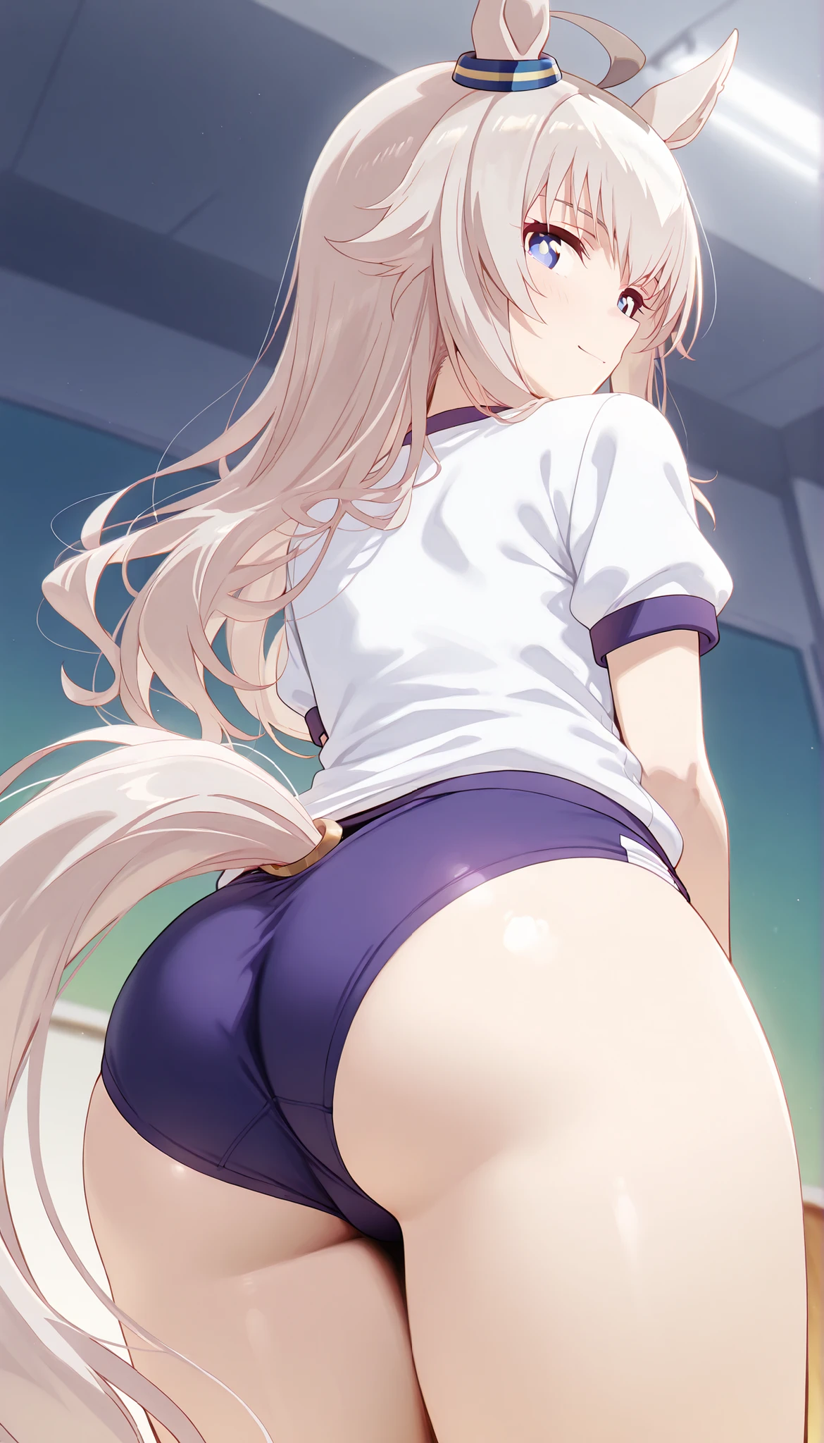 masterpiece, score_9, score_8_up, score_7_up, anime, pinup, Max Masterpiece, perfect eyes, perfect face, Best Quality, high resolution, 1 girl, oguri cap \(umamusume\), school gym clothes, buruma, standing, looking back, back view, ass, cowboy shot, smile, low angle, extra long hair, wavy hair