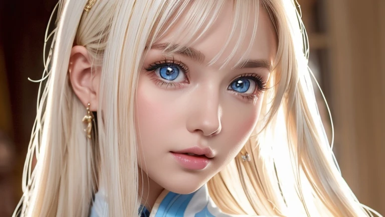 Beautiful blonde cute girl 15 years old、Sexy and very beautiful cute face、Big, bright blue eyes that sparkle beautifully、Very long, dazzling, beautiful, blonde, silky, shiny hair、Bangs that hang down in the face、uniform、Small Face Beauty、Glowing Skin、Cheek highlighter、White skin、Radiant Skin、