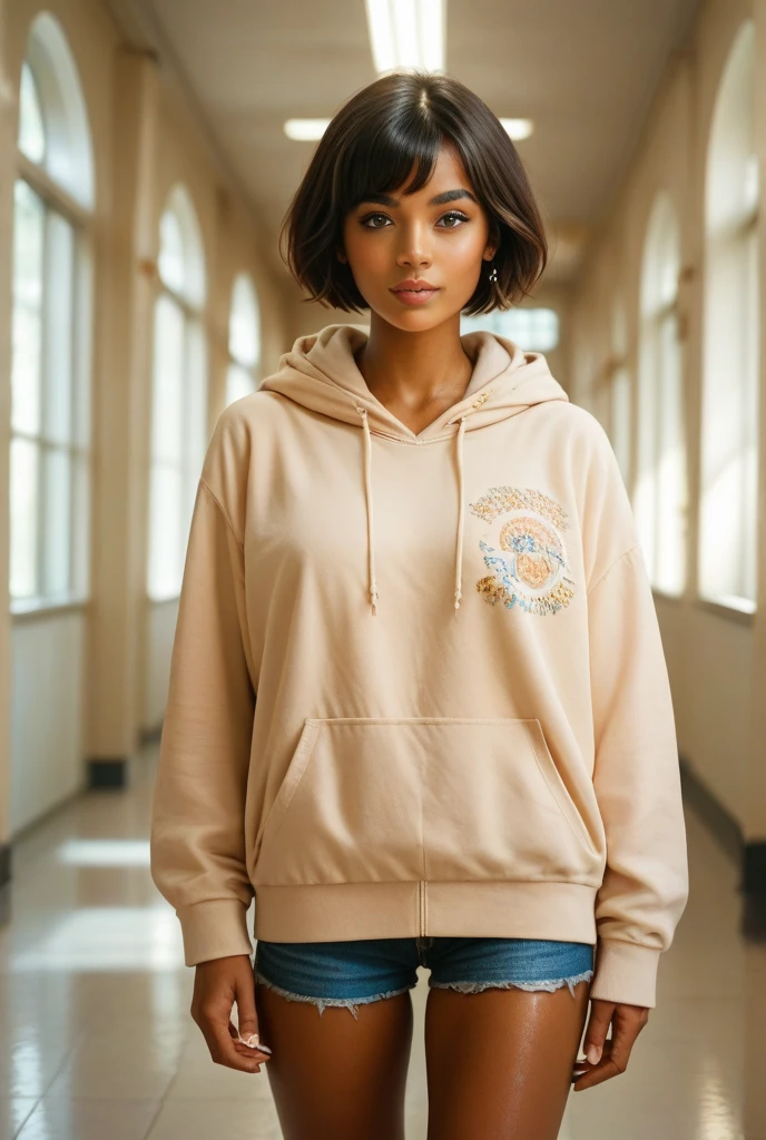 Realistic Busty women Light brown skin mixed race girl with short and curly bob cut hairstyle with hoodie and tight yoga in 3/4 view