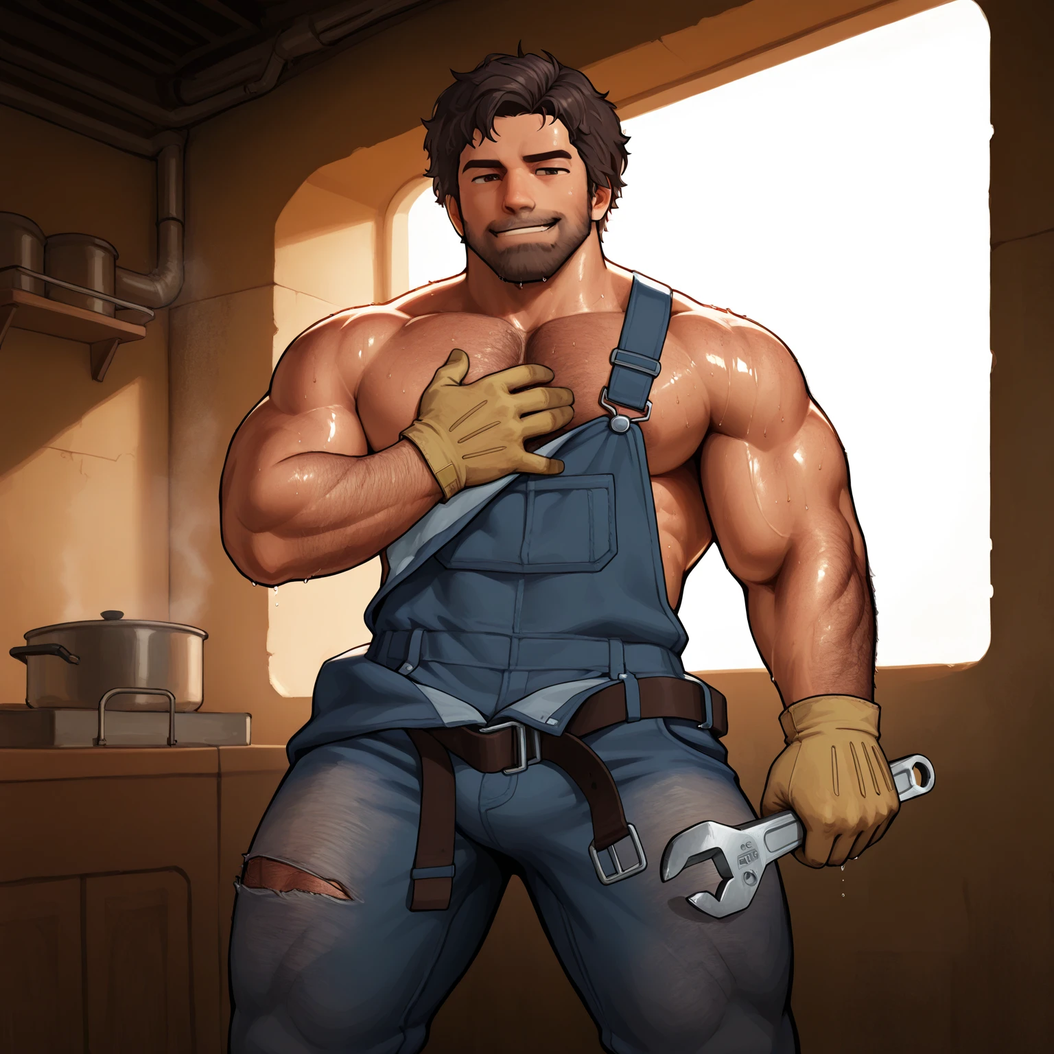 best quality, masterpiece, handsome man, muscular bodybuilder, mature facial features, cheeky smile, exaggerated tiny waist, construction worker and safety gear, hardhat, unbuttoned pants, flaccid penis, construction site, carrying toolbox in one hand, holds out condom wrappers in another hand towards the camera, perfect fingers, sexy, gay, homoerotic, perfection, no watermark, no logo, no signature