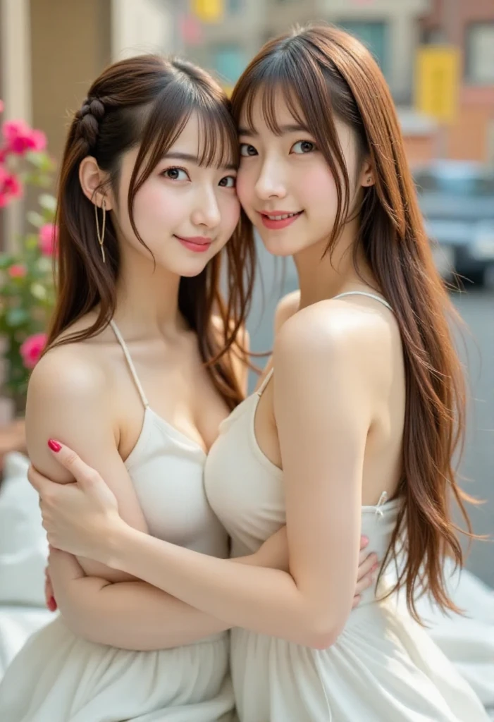(2girls:1.3), (Ultra Realistic, hight resolution), (Highly detailed eyes, Highly detailed hair, Highly detailed face, Highly detailed plump lips), (off shoulder with open breasts), breasts, Upper body, Search Smile, (Best Quality:1.4), Raw photo, (Realistic, photo-Realistic:1.37), Professional Photography, Cinematic Light, (Fine face: 1.2), (View from above),