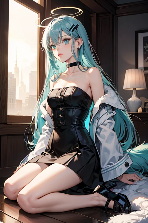 Character Details:, - Gender: 1 Girl.
- Style: Anime, - Body Type: Attractive body, slim body, nice legs, slim tights, nice arms, nice shoulders. - Breast: ((Small Breast:1,5)), Cleavage.
- Facial Features: Beautiful, Gorgeous, Teenager, Fresh, Young.
- Expression: Smile, Pink Blush on Face, Sexy Eyes, Sexy Look, Innocent Look, Tipsy. - Hairstyle: Blunt Bangs, Long Hair, messy. - Hair Color: Light Blue Hair.
- Clothing: Office Shirt, Stocking, Messy. - Body Pose: Sitting on Desk, Closed Leg. - Behaviour: Waiting Alone, Want Something, Secretly.
- Accessories: Earrings., Environmental Details:, - Setting: Office Room., - Lighting: Natural Light., - Decoration: Modern Office Desk, Chair, Window, White Curtain, City View. Top view. pov, anime style, UHD, retina, masterpiece, accurate, anatomically correct, textured