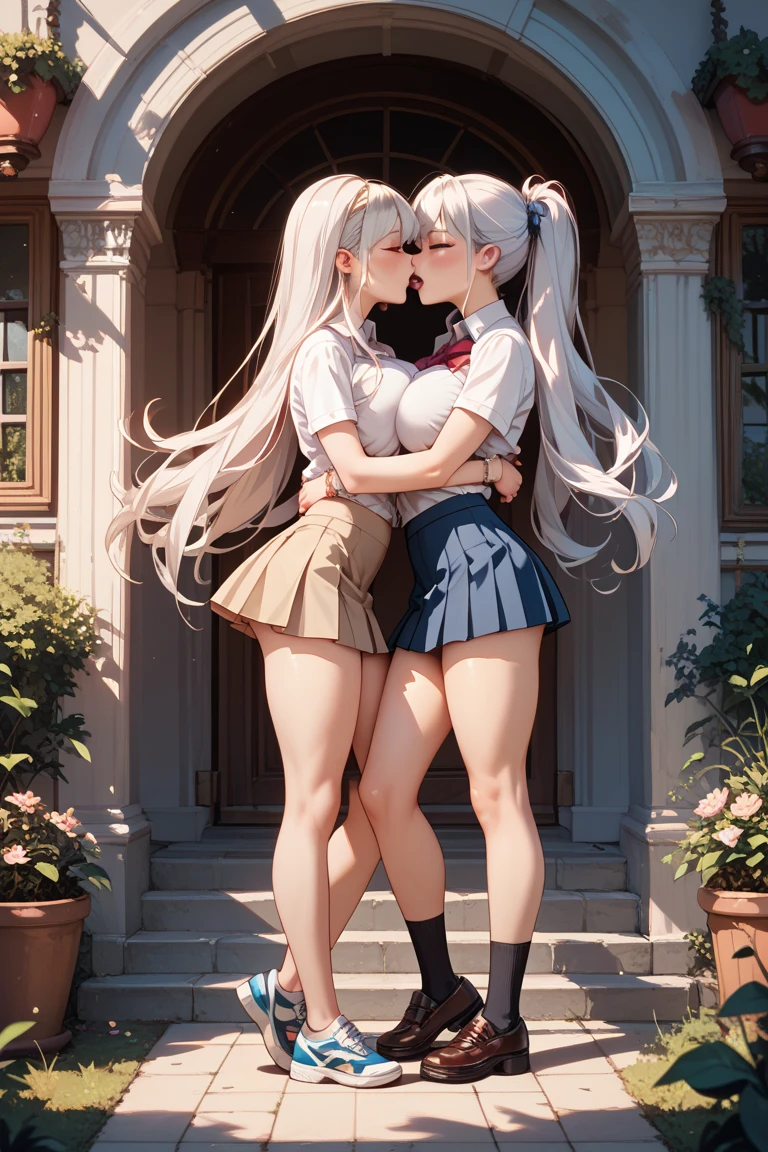 shiryuuwz,very long hair,closed eyes,grey hair,large breasts <lora:СиÑÑ Ð§Ð¾ÑÑн Ikkitousen(shiryuuwz,very long hair,closed eyes,grey hair,large breasts(Ñм одеждÑ):0.7>school uniform,pleated skirt,miniskirt,fingerless gloves,short sleeves,bowtie,shirt,vest,black socks,shoes,loafers <lora:ÐоднÑÑие Ñбки и ÑÑÑÑики(accidental exposure, panties, skirt lift,):1>accidental exposure, panties, skirt lift ,wet clothes, ((see-through)), (underboob), ((2girls)) in full growth, best quality, masterpiece, ultra-detailed, high quality, (no panties), no bra, yuri, yuri sex, lesbi, lesbi kiss, lesbi sex, skirt lift, blush, stomach, clothes lift, (no bra), underboob,lifted by self