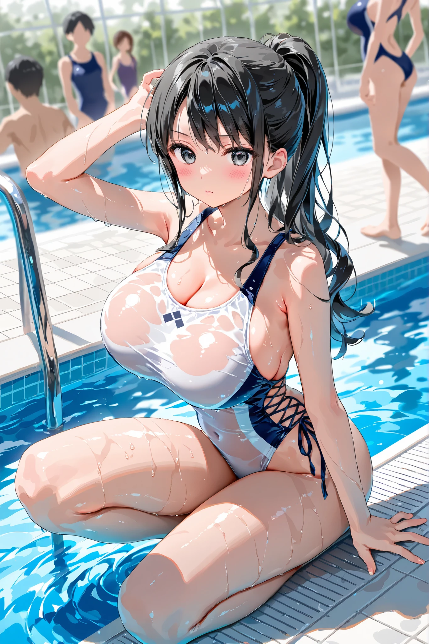 highest quality、High resolution、8k、(huge breasts:1.3)、Beautiful age girl、((three girls:1.5)、(three women)、braided ponytail、flashy hair color、
((cute thin white v string bikini:1.5))、High leg、My whole body gets wet、(Wet and see-through swimsuit:1.8)、(Nipples stand out in swimsuits:1.8)、water play spot、water play slide、water play event、
Laugh playfully、smile、smile、sexual expression、emphasize cleavage