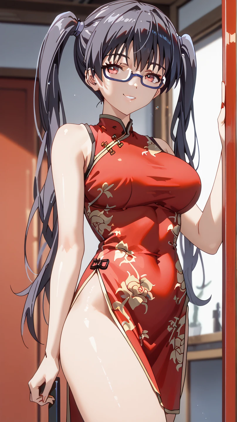 masterpiece,best quality,highres,ultra-detailed,yotsuya miko,long hair,bangs,<lora:yotsuya_miko:0.7>,bare shoulders,china dress,chinese clothes,short dress,cleavage cutout,sideboob,thighs,hands_on_hips,(furrowed_brow:1.2),indoors,front view,from_below,