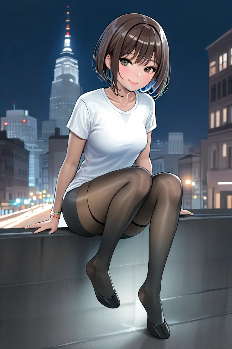 ((of the highest quality, 8K,RAW photo)), (Realistic, Photorealistic: 1.37), (legs focus: 1.1), Small breasts, Rounded chest, mid - length hair, Black hair,girl、age 22、Japanese idol system、(White tight-fitting top: 1.1)、short skirt, , Sunlight, Movie lighting, (Perfect hands, with perfect legs,perfect foot,Perfect anatomy),blackstockings,Silk feet,Black pantyhose,black pantyhoses,black lence stockings,Type M,transparent pubic hair,Bigchest,long leges,cleavage,low chest,cropped shoulders,Hold your legs with both hands,Hold your legs,Knees,knee hugging,Split legs,squatt,squatting pose,No shoes
