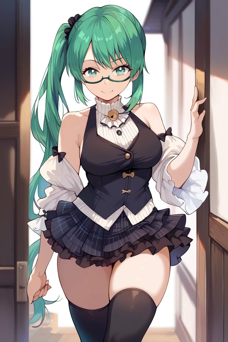  (Masterpiece), Best Quality, ultra-detailed, perfect hands, perfect legs, 1girl (sillus II, Slender and sexody, Big and pretty breast dark green hair, green eyes, spectacles, 
half-closed eyes ), a come-hither face,  parted lips, facing viewer, looking at viewer, nose  blush, blush,  solo, black opera dress,cleavage, barers,  long dress, in the  mansion, standing, Sexy waist teasing , m_below 