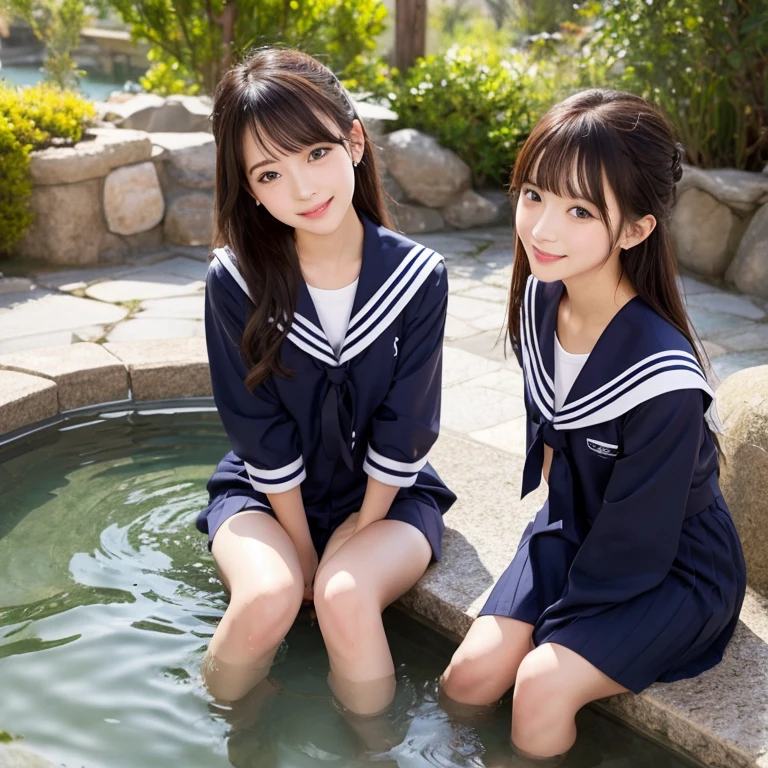 nsfw,Highest resolution,Highest quality,detailed,Posing with a cute smile in the marine blue sea,(12 year old girl:1.5)、(Big Breasts)、(Summer school uniforms that emphasize cleavage:1.5),白いmicro-bikini,pull-out-panties 、Clear marine blue water、reflected in water. Thigh fetish images、Glossy thighs、White micro bikini、String panties