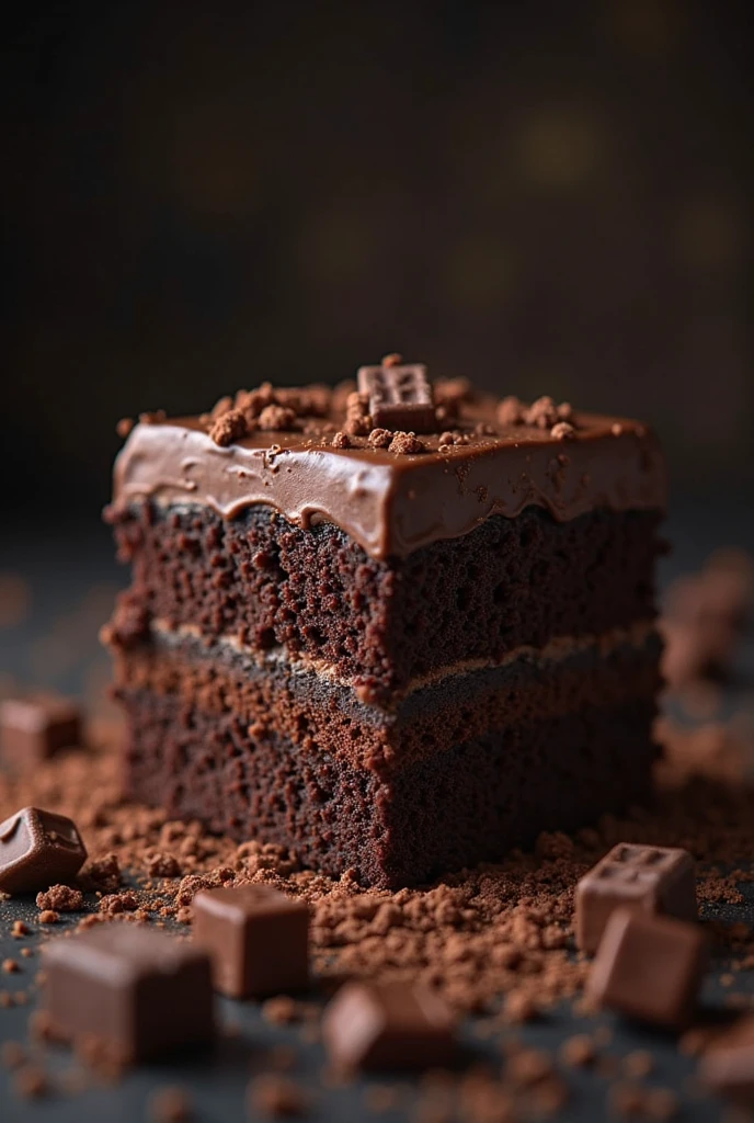  cinematic still-frame chocolate， chocolate cake ，deep dark background，High quality photos，Wet texture，Icing ，studio photo，slice，shallowdepthoffield，Vignette，Very meticulous，High budget，Bokeh，Movie widescreen，gloomily，epic，opulent，cinematic grain，grain sense