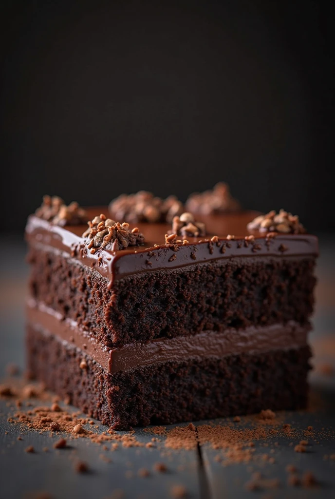 cinematic still-frame chocolate, chocolate cake ,deep dark background,High quality photos,Wet texture,Icing ,studio photo,slice,shallowdepthoffield,Vignette,Very meticulous,High budget,Bokeh, widescreen,gloomily,epic,opulent,cinematic grain,grain sense