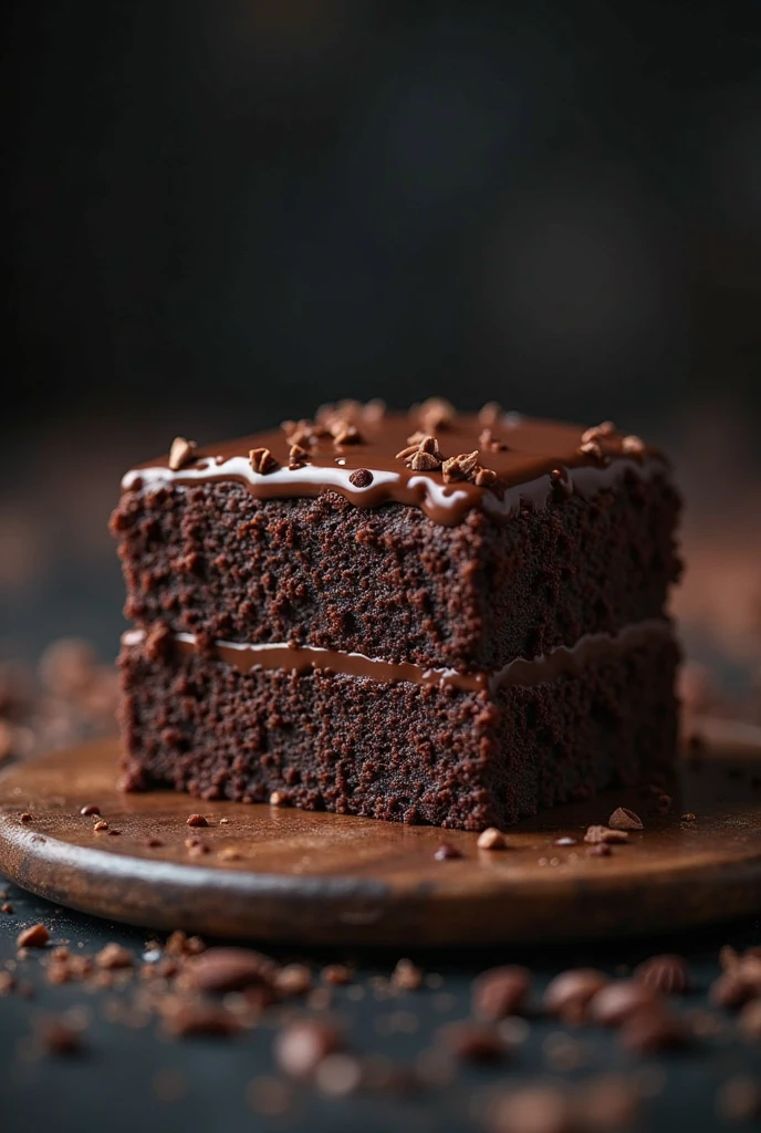 cinematic still-frame chocolate, chocolate cake ,deep dark background,High quality photos,Wet texture,Icing ,studio photo,slice,shallowdepthoffield,Vignette,Very meticulous,High budget,Bokeh, widescreen,gloomily,epic,opulent,cinematic grain,grain sense