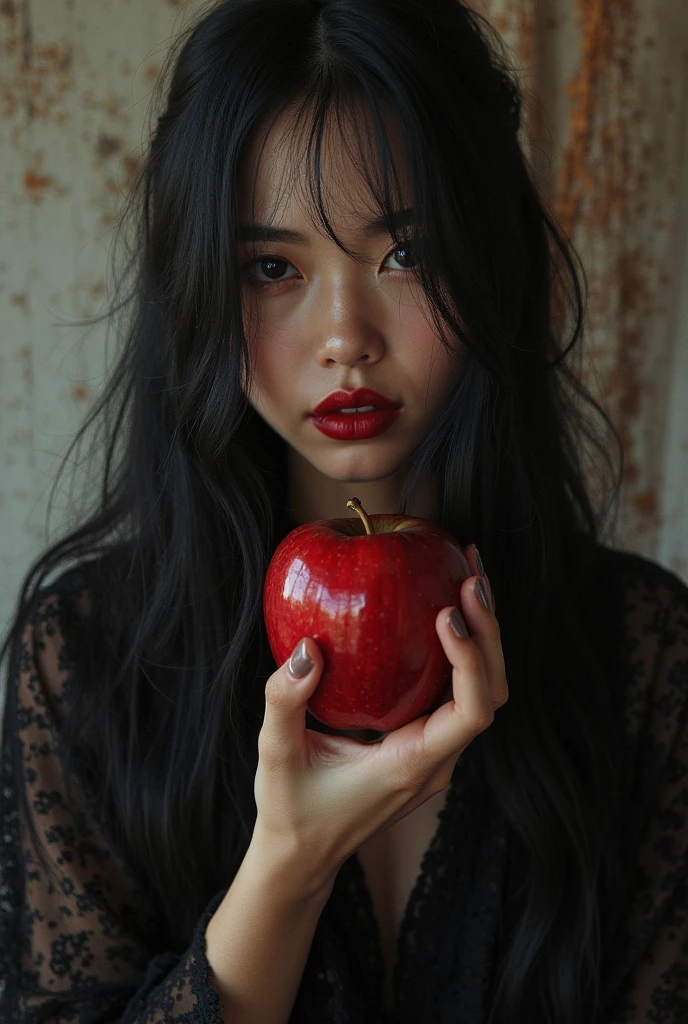 ((RAW Photo), absurd, (absurdresolution)), masterpiece, best quality, (Extremely detailed 8k unity CG wallpaper), (best illustration), (best shadow), Realistic lighting, beautiful detailed glow, ((21 years old)), girl, long black hair, black queen, accessories, apple in hand, poisoned apples, witch queen, red lipstick, (((Photographic Perspective of her)))