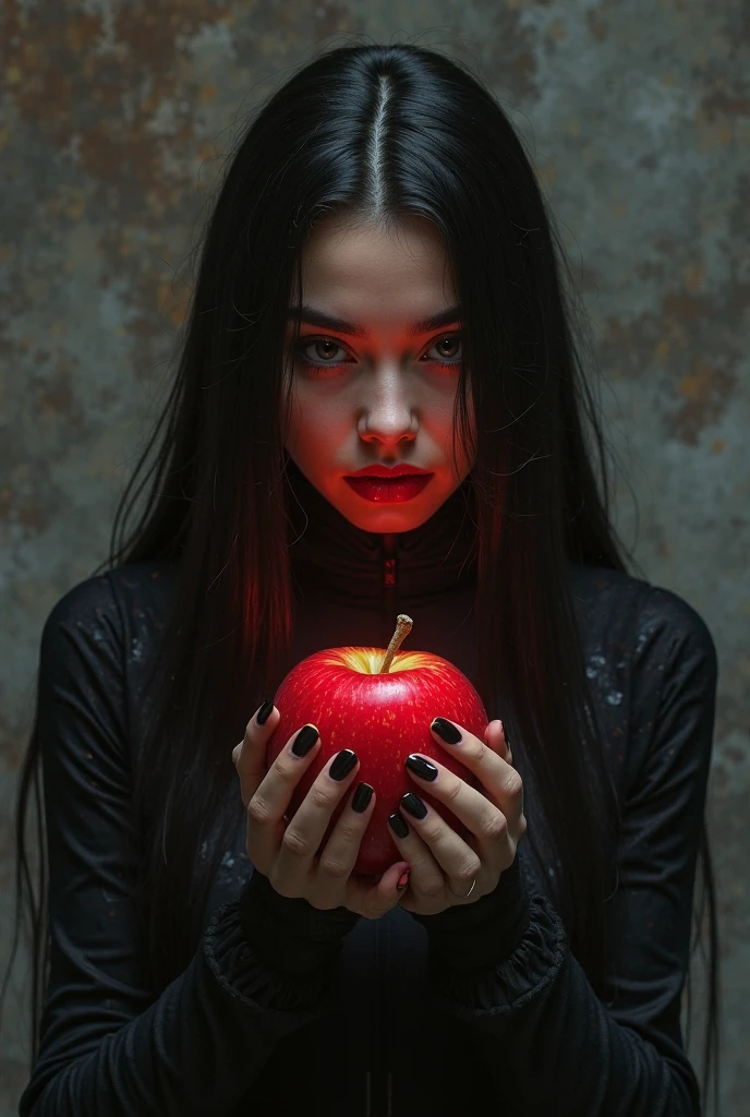 ((RAW Photo), absurd, (absurdresolution)), masterpiece, best quality, (Extremely detailed 8k unity CG wallpaper), (best illustration), (best shadow), Realistic lighting, beautiful detailed glow, ((21 years old)), girl, long black hair, black queen, accessories, apple in hand, poisoned apples, witch queen, red lipstick, (((Photographic Perspective of her)))