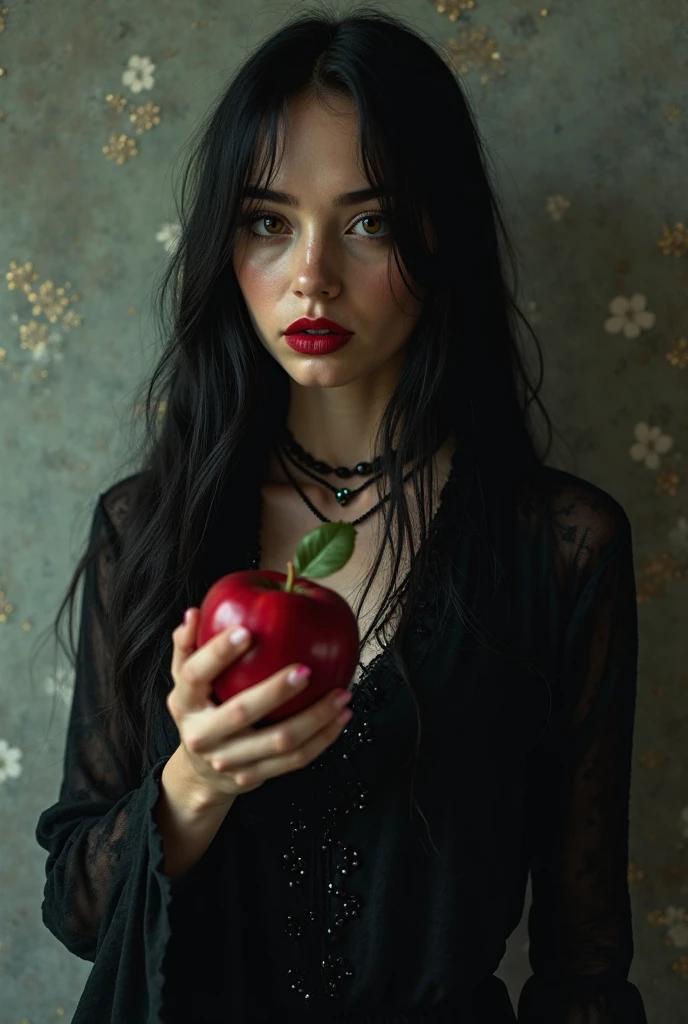 ((RAW Photo), absurd, (absurdresolution)), masterpiece, best quality, (Extremely detailed 8k unity CG wallpaper), (best illustration), (best shadow), Realistic lighting, beautiful detailed glow, ((21 years old)), girl, long black hair, black queen, accessories, apple in hand, poisoned apples, witch queen, red lipstick, (((Photographic Perspective of her)))