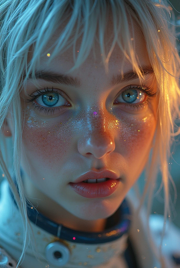 (Close-up of a masterpiece:1.5)0.9]，(Space and astronauts:1.2) (Messy silver hair:1.1) (Heterochromia yellow blue eyes:1.2) (Casque spatial:1.0) (Colorful stars in the eyes:1.0) (Dazzling light:1.1) (Thick lip:0.9)