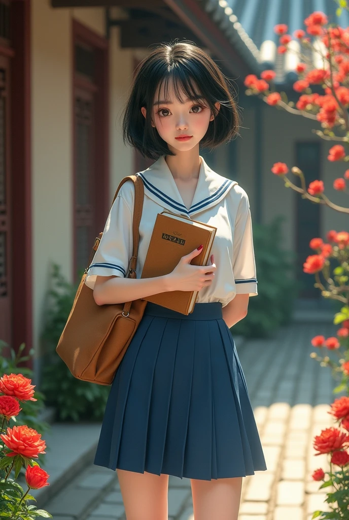 The picture style is exquisite and realistic,focusing on color matching and lighting effects。The subject is a stylish female student,Short-haired black hair, fair skin , pretty face,Wearing a blue-and-white school uniform,White top,Blue Skirt,Wear black cloth shoes。She is standing in a classical Chinese garden,In the courtyard,with red moonflowers blooming on the side,She is carrying a brown cloth bag,holding a book in her hand The yellowed wire-bound book,Focused eyes,Seems to be thinking。The warm color of the picture,creates a retro、Literary and artistic atmosphere。In composition,character in the center of the picture,The surrounding courtyard elements add embellishment to the characters,It highlights the character's temperament and background。