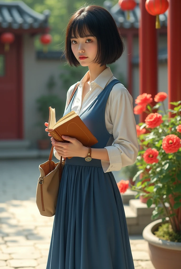 The picture style is exquisite and realistic,focusing on color matching and lighting effects。The subject is a stylish female student,Short-haired black hair, fair skin , pretty face,Wearing a blue-and-white school uniform,White top,Blue Skirt,Wear black cloth shoes。She is standing in a classical Chinese garden,In the courtyard,with red moonflowers blooming on the side,She is carrying a brown cloth bag,holding a book in her hand The yellowed wire-bound book,Focused eyes,Seems to be thinking。The warm color of the picture,creates a retro、Literary and artistic atmosphere。In composition,character in the center of the picture,The surrounding courtyard elements add embellishment to the characters,It highlights the character's temperament and background。