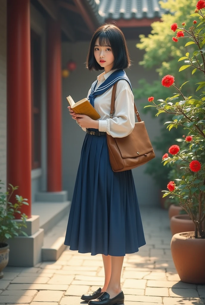 The picture style is exquisite and realistic,focusing on color matching and lighting effects。The subject is a stylish female student,Short-haired black hair, fair skin , pretty face,Wearing a blue-and-white school uniform,White top,Blue Skirt,Wear black cloth shoes。She is standing in a classical Chinese garden,In the courtyard,with red moonflowers blooming on the side,She is carrying a brown cloth bag,holding a book in her hand The yellowed wire-bound book,Focused eyes,Seems to be thinking。The warm color of the picture,creates a retro、Literary and artistic atmosphere。In composition,character in the center of the picture,The surrounding courtyard elements add embellishment to the characters,It highlights the character's temperament and background。