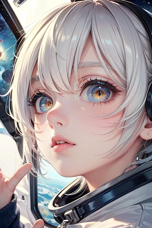 (Close-up of a masterpiece:1.5)0.9]，(Space and astronauts:1.2) (Messy silver hair:1.1) (Heterochromia yellow blue eyes:1.2) (Casque spatial:1.0) (Colorful stars in the eyes:1.0) (Dazzling light:1.1) (Thick lip:0.9)