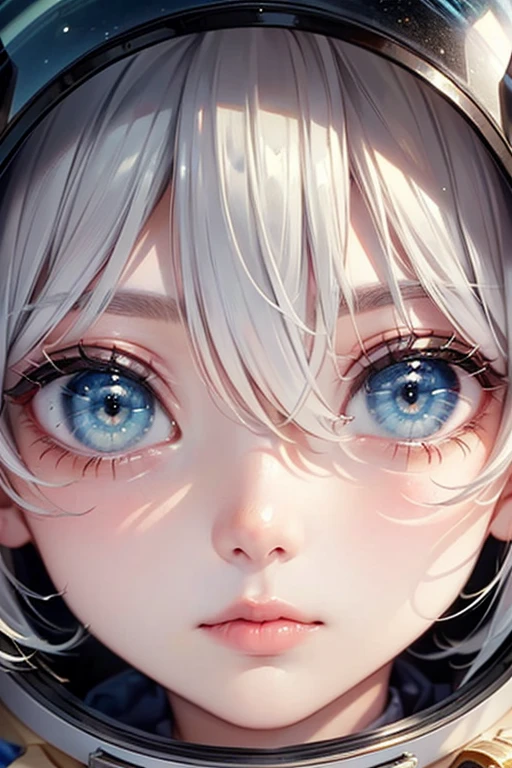 (Close-up of a masterpiece:1.5)0.9]，(Space and astronauts:1.2) (Messy silver hair:1.1) (Heterochromia yellow blue eyes:1.2) (Casque spatial:1.0) (Colorful stars in the eyes:1.0) (Dazzling light:1.1) (Thick lip:0.9)