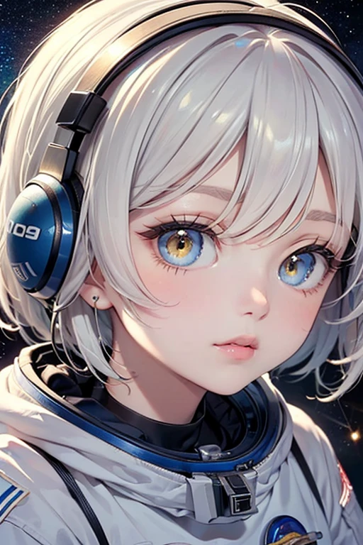 (Close-up of a masterpiece:1.5)0.9]，(Space and astronauts:1.2) (Messy silver hair:1.1) (Heterochromia yellow blue eyes:1.2) (Casque spatial:1.0) (Colorful stars in the eyes:1.0) (Dazzling light:1.1) (Thick lip:0.9)