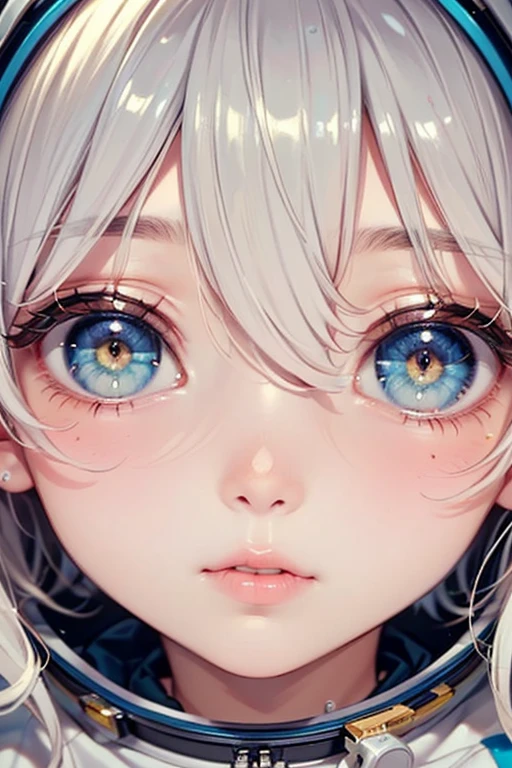 (Close-up of a masterpiece:1.5)0.9]，(Space and astronauts:1.2) (Messy silver hair:1.1) (Heterochromia yellow blue eyes:1.2) (Casque spatial:1.0) (Colorful stars in the eyes:1.0) (Dazzling light:1.1) (Thick lip:0.9)