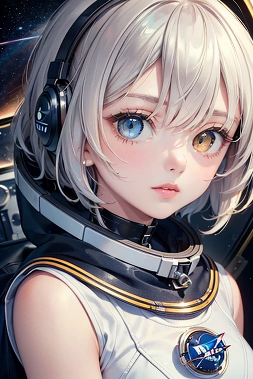 (Close-up of a masterpiece:1.5)0.9]，(Space and astronauts:1.2) (Messy silver hair:1.1) (Heterochromia yellow blue eyes:1.2) (Casque spatial:1.0) (Colorful stars in the eyes:1.0) (Dazzling light:1.1) (Thick lip:0.9)