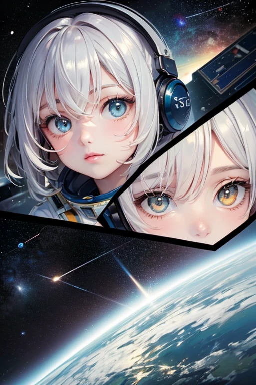 (Close-up of a masterpiece:1.5)0.9]，(Space and astronauts:1.2) (Messy silver hair:1.1) (Heterochromia yellow blue eyes:1.2) (Casque spatial:1.0) (Colorful stars in the eyes:1.0) (Dazzling light:1.1) (Thick lip:0.9)