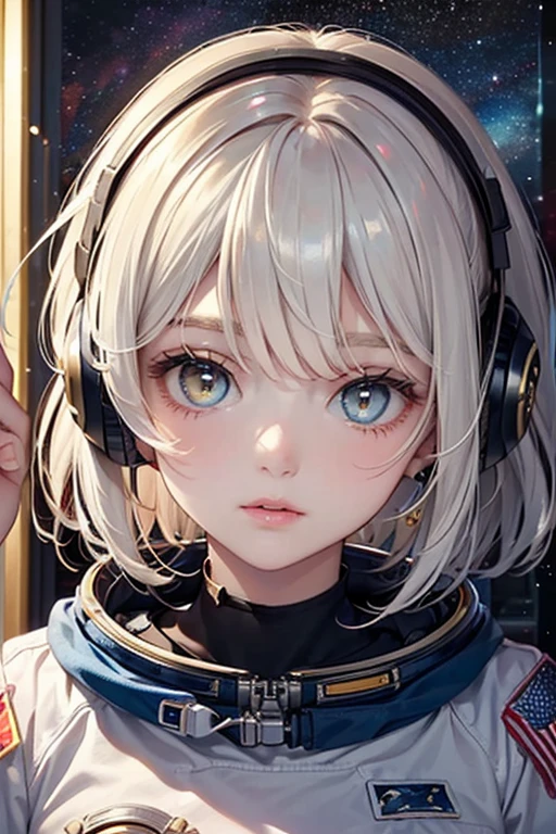 (Close-up of a masterpiece:1.5)0.9]，(Space and astronauts:1.2) (Messy silver hair:1.1) (Heterochromia yellow blue eyes:1.2) (Casque spatial:1.0) (Colorful stars in the eyes:1.0) (Dazzling light:1.1) (Thick lip:0.9)