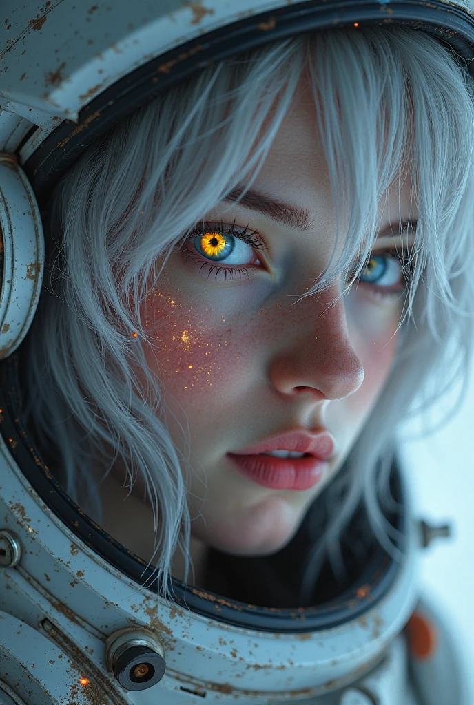 (Close-up of a masterpiece:1.5)0.9]，(Space and astronauts:1.2) (Messy silver hair:1.1) (Heterochromia yellow blue eyes:1.2) (Casque spatial:1.0) (Colorful stars in the eyes:1.0) (Dazzling light:1.1) (Thick lip:0.9)