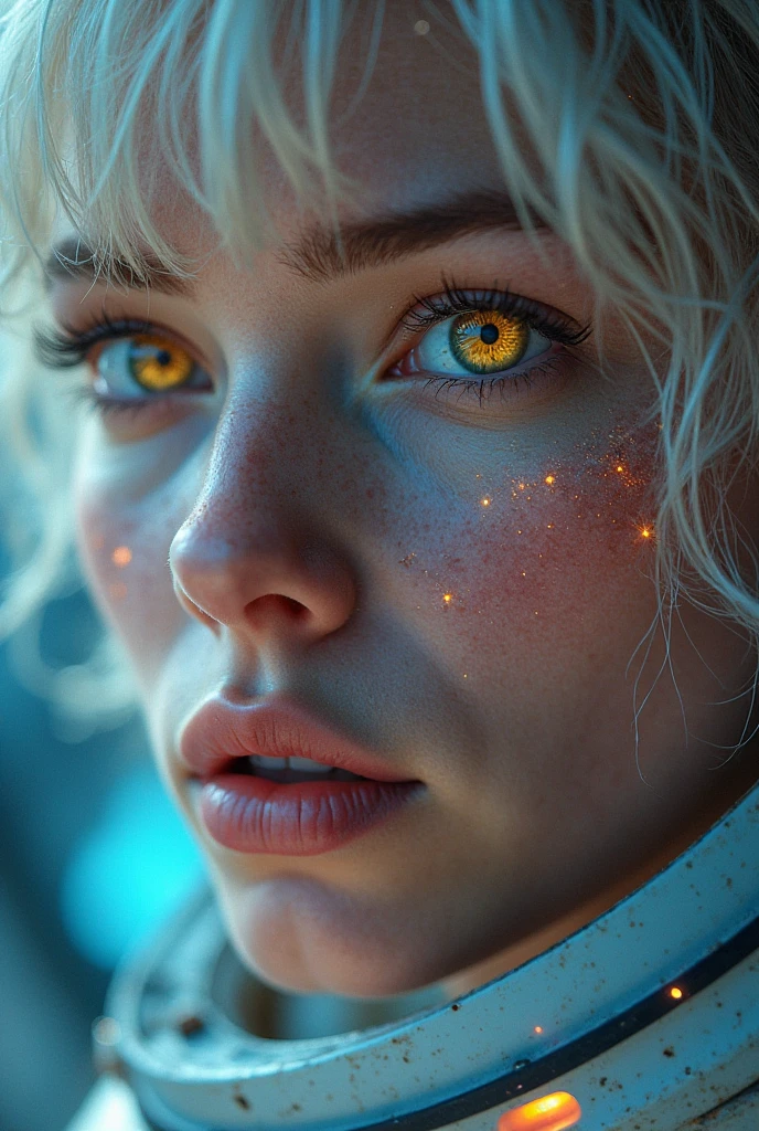 (Close-up of a masterpiece:1.5)0.9]，(Space and astronauts:1.2) (Messy silver hair:1.1) (Heterochromia yellow blue eyes:1.2) (Casque spatial:1.0) (Colorful stars in the eyes:1.0) (Dazzling light:1.1) (Thick lip:0.9)