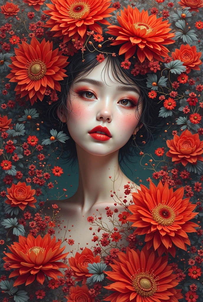 Official Art, Unity 8K壁纸, super detailed, Beautiful and Beautiful, masterpiece, best quality, (zendispute, datura, dispute, endispute), ( Fractal Art :1.3) , 1girl, Red flowers, modernn architecture, dynamic angle , Cowboy shooting, The Most Beautiful Form of Confusion, Elegant, Fauvist design , Vivid Colors , , author:JamesJean, Robbie Devi Antonio, Ross Chan, Francis Bacon, It was cold, Adrian Genius, Petra Colight, Gerhard Richter, Takato Yamamoto, Ashley Wood, atmospurate