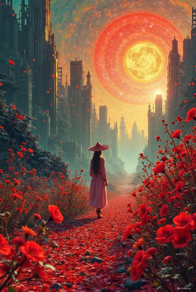 Official Art, Unity 8K壁纸, super detailed, Beautiful and Beautiful, masterpiece, best quality, (zendispute, datura, dispute, endispute), ( Fractal Art :1.3) , 1girl, Red flowers, modernn architecture, dynamic angle , Cowboy shooting, The Most Beautiful Form of Confusion, Elegant, Fauvist design , Vivid Colors , , author:JamesJean, Robbie Devi Antonio, Ross Chan, Francis Bacon, It was cold, Adrian Genius, Petra Colight, Gerhard Richter, Takato Yamamoto, Ashley Wood, atmospurate