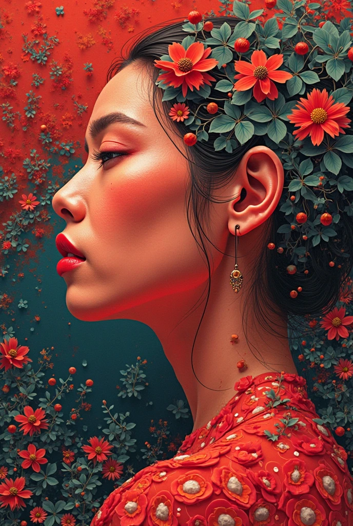 Official Art, Unity 8K壁纸, super detailed, Beautiful and Beautiful, masterpiece, best quality, (zendispute, datura, dispute, endispute), ( Fractal Art :1.3) , 1girl, Red flowers,  modernn architecture,  dynamic angle , Cowboy shooting, The Most Beautiful Form of Confusion, Elegant,  Fauvist design ,  Vivid Colors , , author：JamesJean, Robbie Devi Antonio, Ross Chan, Francis Bacon, It was cold, Adrian Genius, Petra Colight, Gerhard Richter, Takato Yamamoto, Ashley Wood, atmospurate