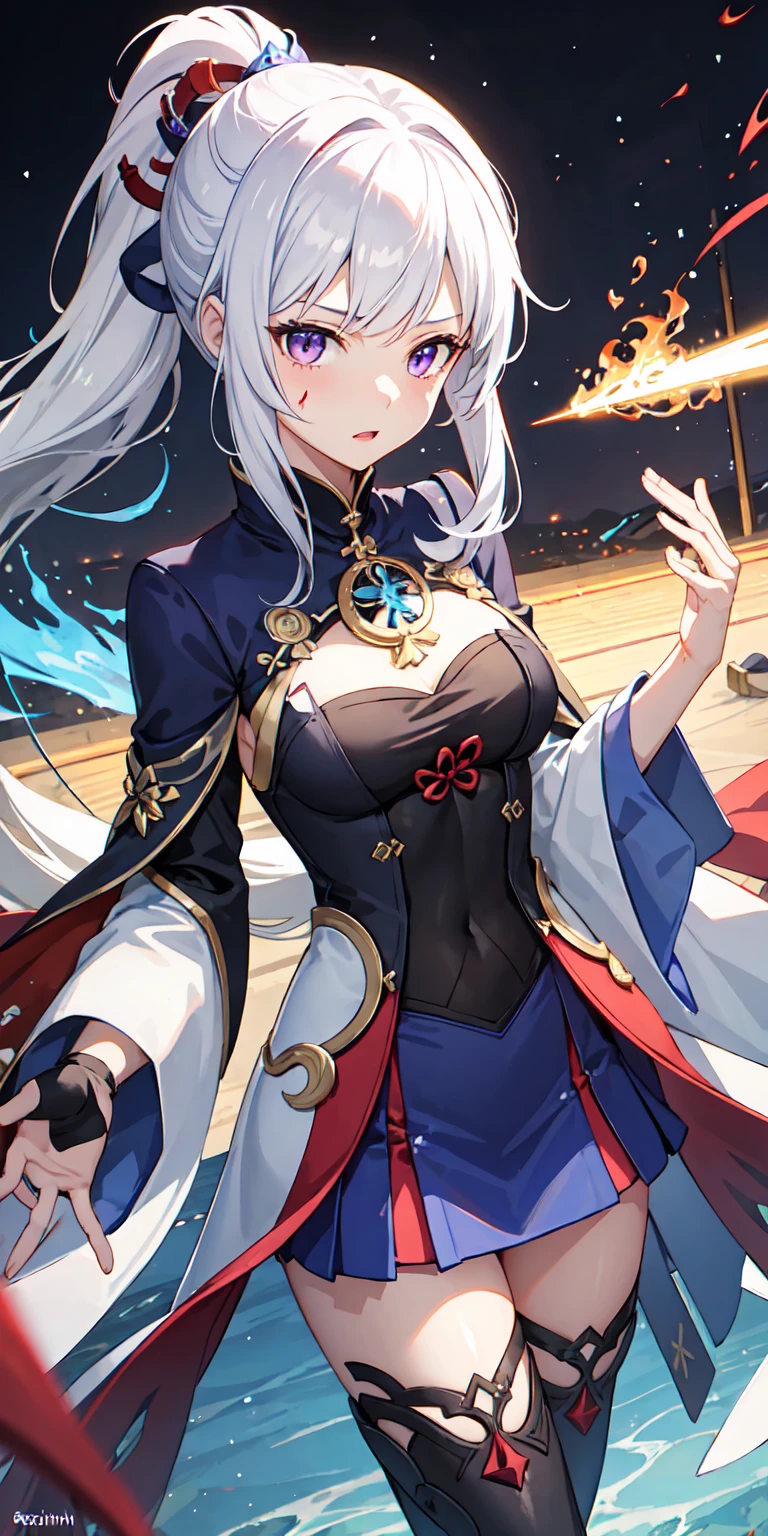 1girl, japanese clothes, ponytail ,white hair, purple eyes, magic circle, blue fire, blue flames, wallpaper, landscape, blood, blood splatter, depth of field, night, light particles, light rays, sidelighting, thighs, fate \(series\), genshin impact, ****, open jacket, skirt, thighhighs, cloud