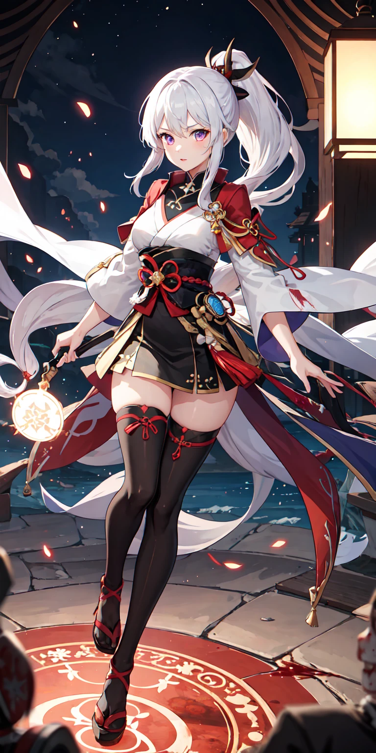 1girl, japanese clothes, ponytail ,white hair, purple eyes, magic circle, blue fire, blue flames, wallpaper, landscape, blood, blood splatter, depth of field, night, light particles, light rays, sidelighting, thighs, fate \(series\), genshin impact, ****, open jacket, skirt, thighhighs, cloud