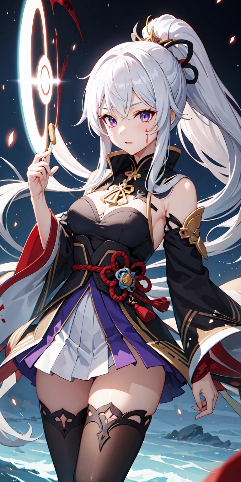 1girl, japanese clothes, ponytail ,white hair, purple eyes, magic circle, blue fire, blue flames, wallpaper, landscape, blood, blood splatter, depth of field, night, light particles, light rays, sidelighting, thighs, fate \(series\), genshin impact, ****, open jacket, skirt, thighhighs, cloud