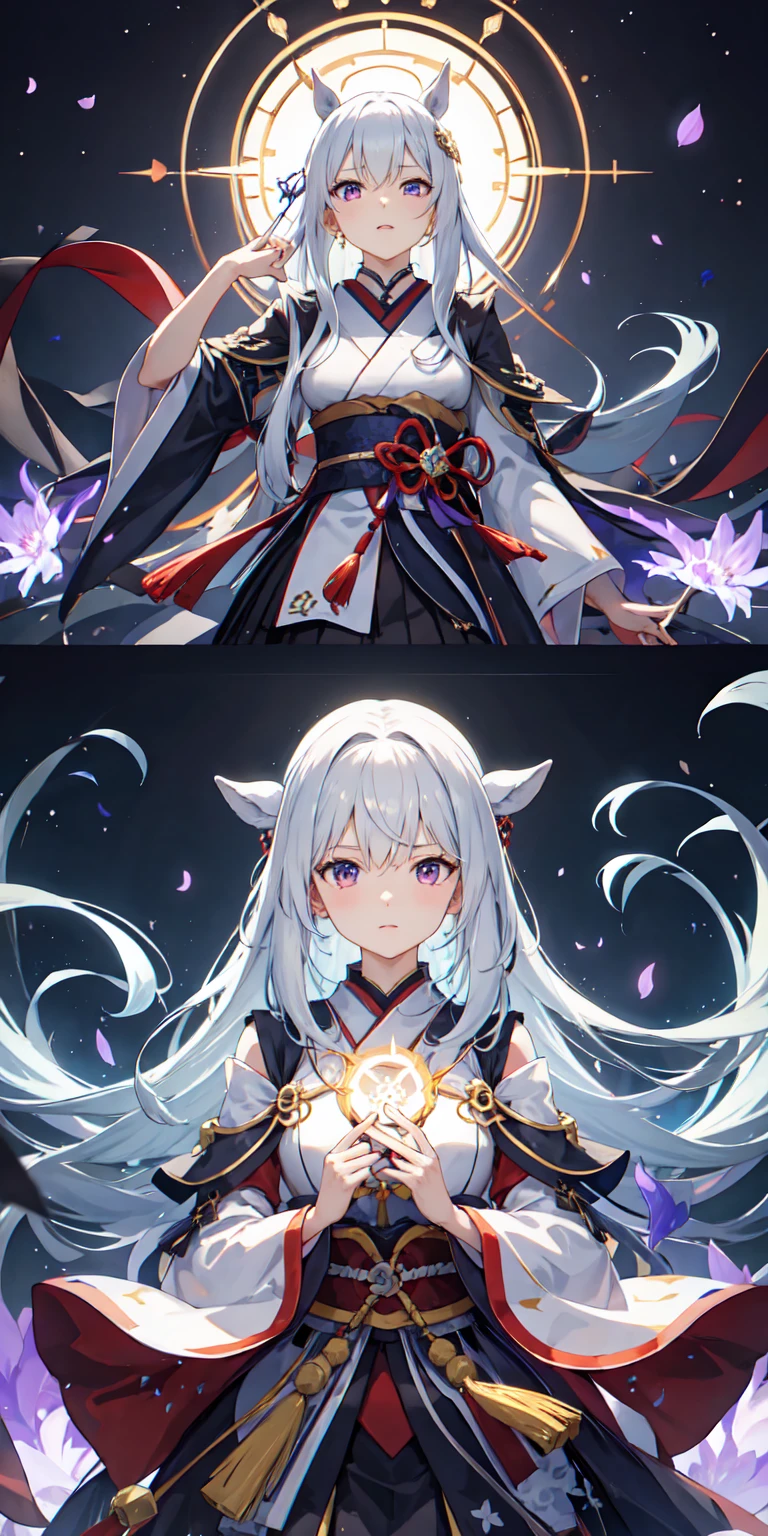 1,Japan clothes,horsetail,White hairs,a purple eye,magic circle,blue fire,blue flames,wall-paper,landscapes,bloods,bloodsのスプラッター,depth of field,natta,light particules,llight rays,Side Lighting,large 1 head 1頭,fates(series),genshin impact,Open jacket,skirt by the,large 1 head,云