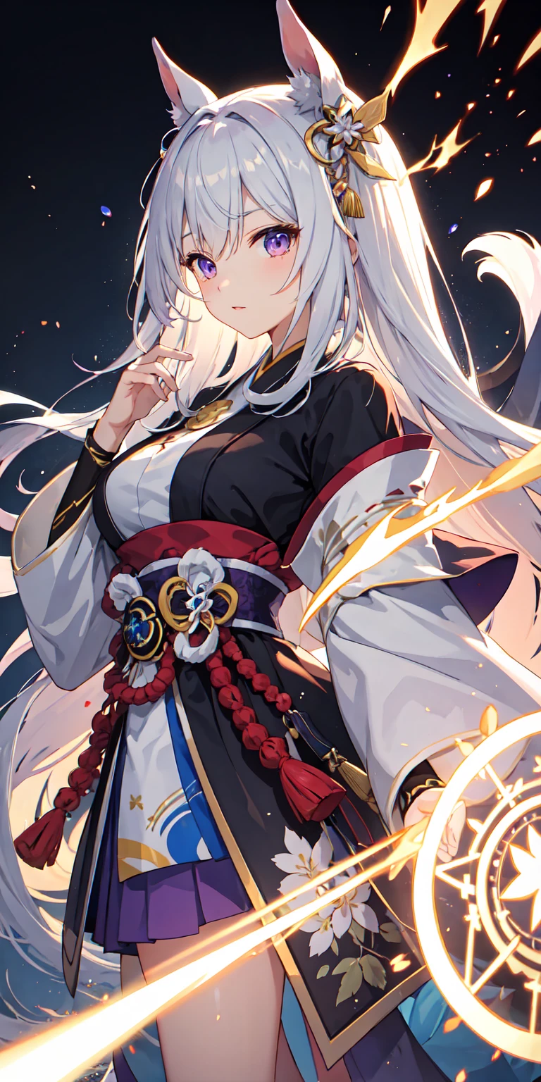 1,Japan clothes,horsetail,White hairs,a purple eye,magic circle,blue fire,blue flames,wall-paper,landscapes,bloods,bloodsのスプラッター,depth of field,natta,light particules,llight rays,Side Lighting,large 1 head 1頭,fates(series),genshin impact,Open jacket,skirt by the,large 1 head,云