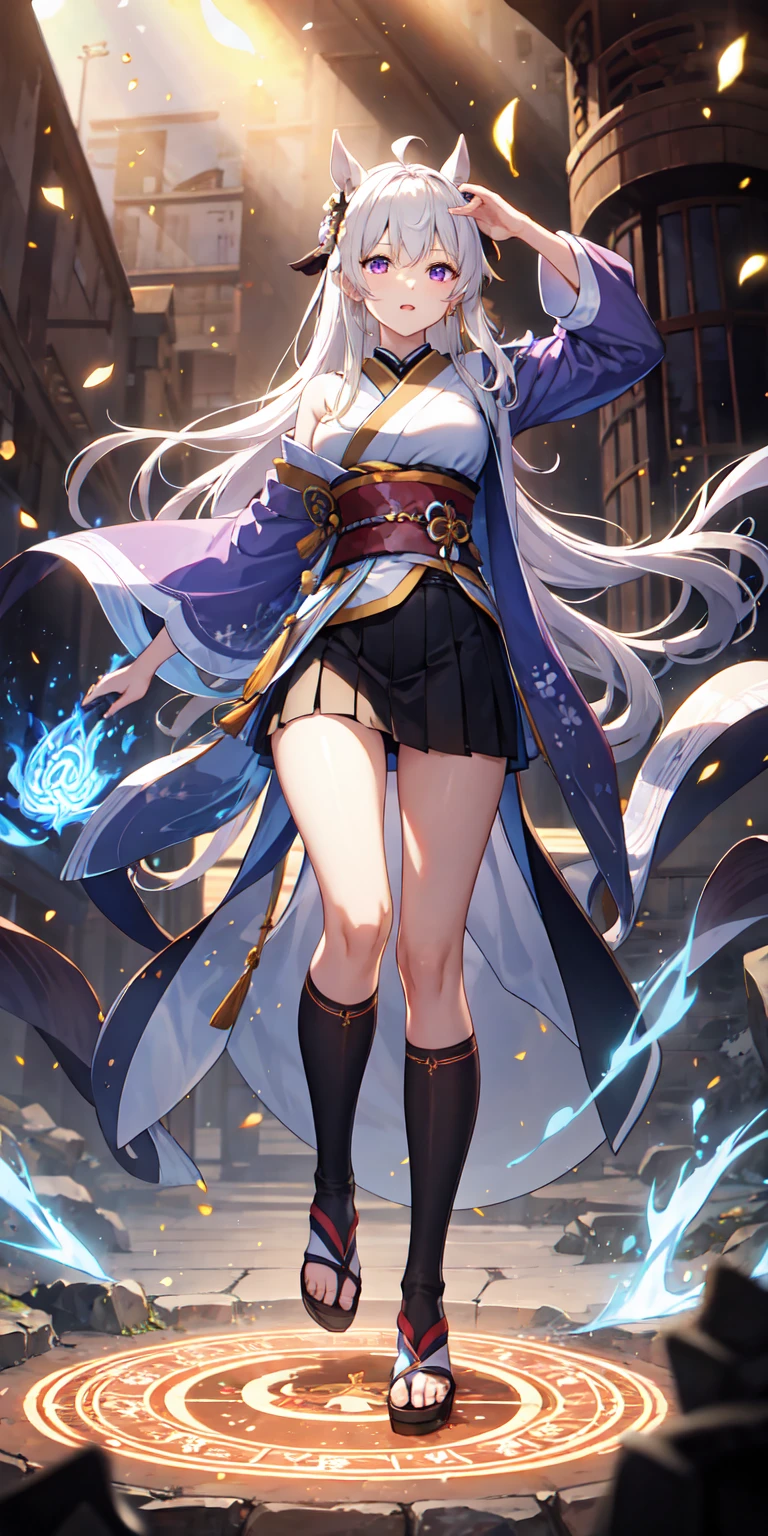 1,Japan clothes,horsetail,White hairs,a purple eye,magic circle,blue fire,blue flames,wall-paper,landscapes,bloods,bloodsのスプラッター,depth of field,natta,light particules,llight rays,Side Lighting,large 1 head 1頭,fates(series),genshin impact,Open jacket,skirt by the,large 1 head,云