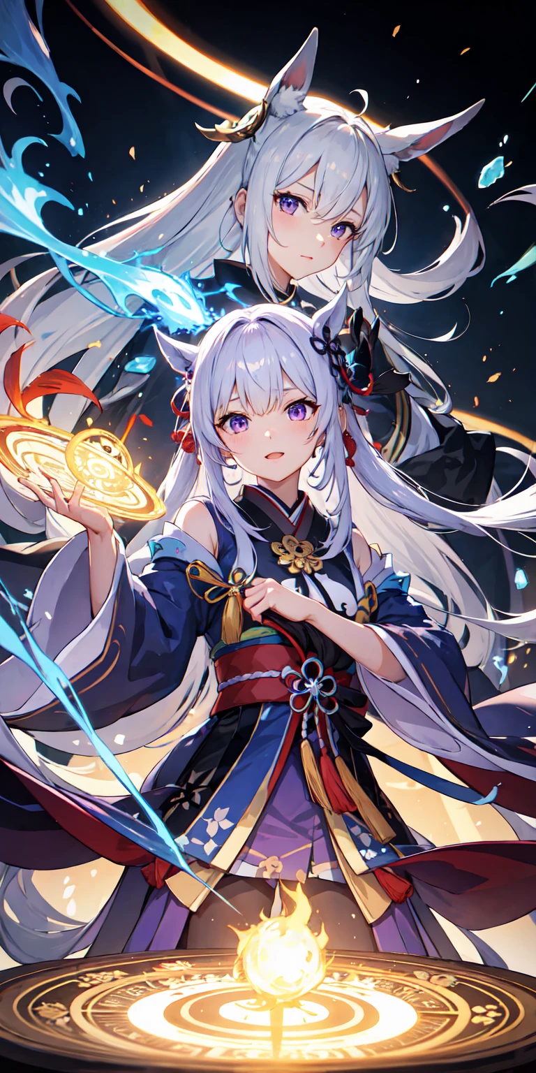 1,Japan clothes,horsetail,White hairs,a purple eye,magic circle,blue fire,blue flames,wall-paper,landscapes,bloods,bloodsのスプラッター,depth of field,natta,light particules,llight rays,Side Lighting,large 1 head 1頭,fates(series),genshin impact,Open jacket,skirt by the,large 1 head,云