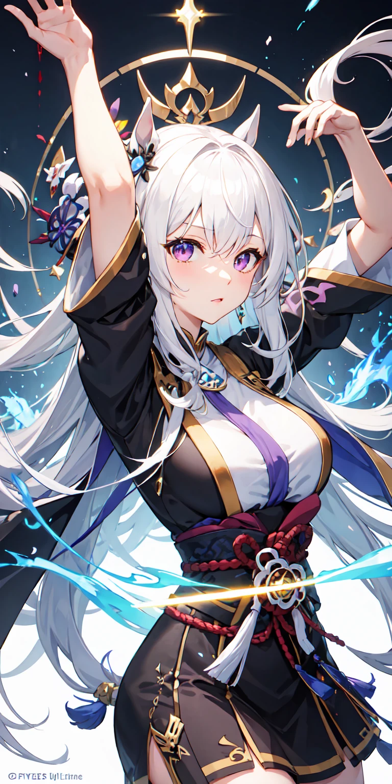 1,Japan clothes,horsetail,White hairs,a purple eye,magic circle,blue fire,blue flames,wall-paper,landscapes,bloods,bloodsのスプラッター,depth of field,natta,light particules,llight rays,Side Lighting,large 1 head 1頭,fates(series),genshin impact,Open jacket,skirt by the,large 1 head,云