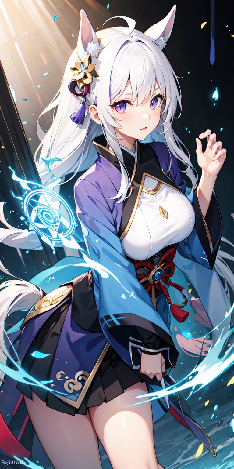 1,Japan clothes,horsetail,White hairs,a purple eye,magic circle,blue fire,blue flames,wall-paper,landscapes,bloods,bloodsのスプラッター,depth of field,natta,light particules,llight rays,Side Lighting,large 1 head 1頭,fates(series),genshin impact,Open jacket,skirt by the,large 1 head,云