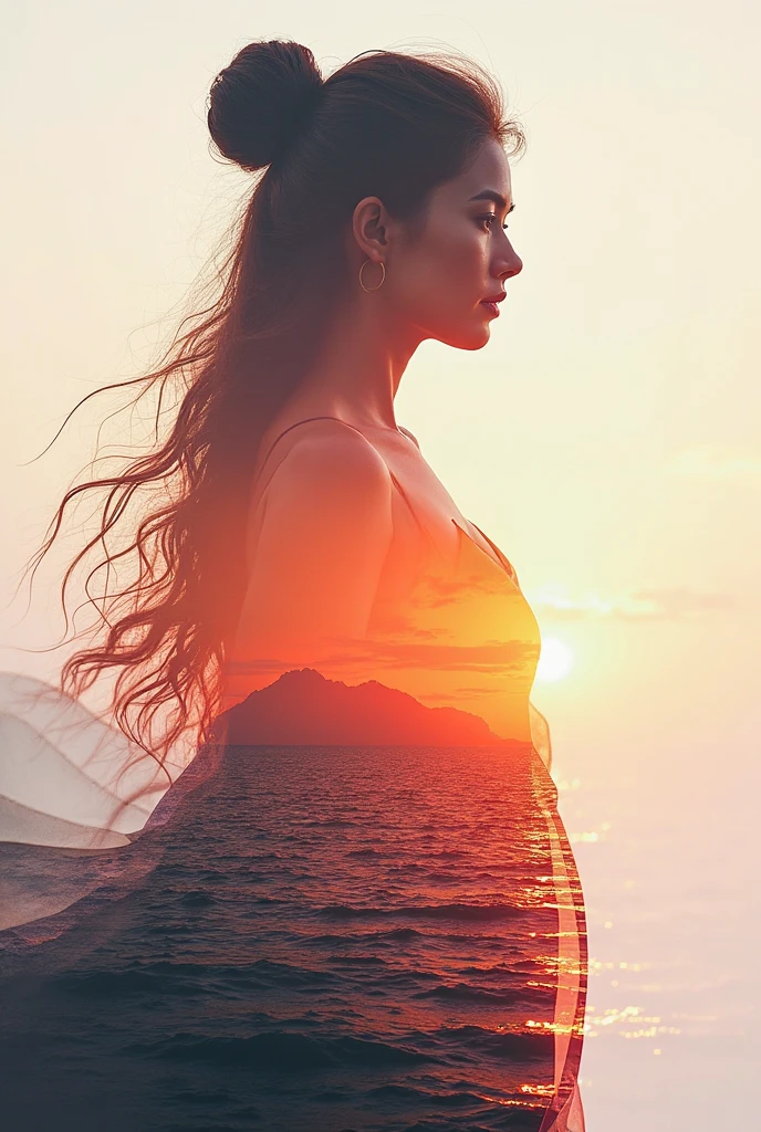high quality,8k ultra high definition,美丽的Doubleexposure,Combining the silhouette of the goddess with the sunset coast, sunset coast should be used as the bottom background,Details are integrated into the silhouette of the goddess,Clear lines,The background is a monochromatic ,Focus sharp,Doubleexposure,Created by yukisakura,Gorgeous full color