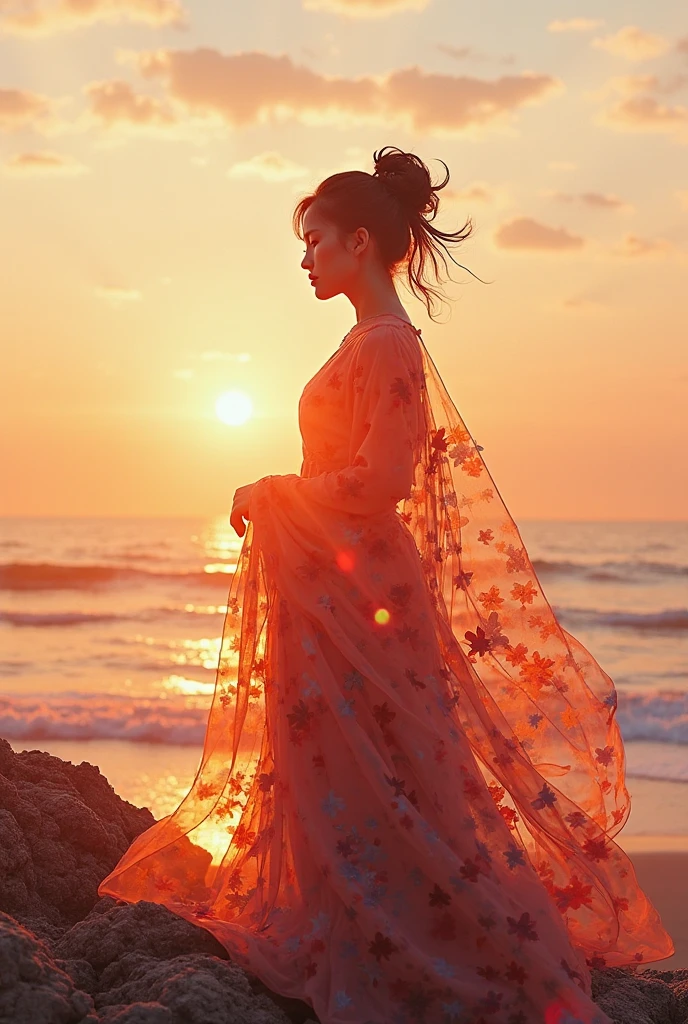 high quality,8k ultra high definition,美丽的Doubleexposure,Combining the silhouette of the goddess with the sunset coast, sunset coast should be used as the bottom background,Details are integrated into the silhouette of the goddess,Clear lines,The background is a monochromatic ,Focus sharp,Doubleexposure,Created by yukisakura,Gorgeous full color