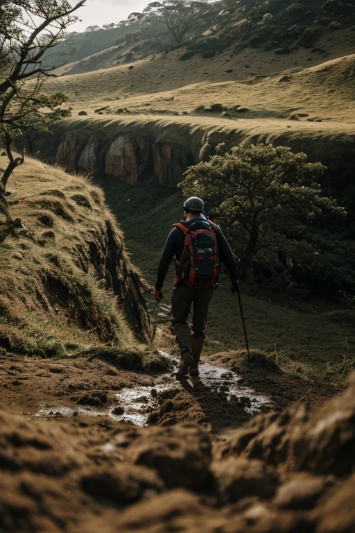 walks on a cliff，Well equipped，has mud on its face，eye detailed，Highest Quality，Light rain