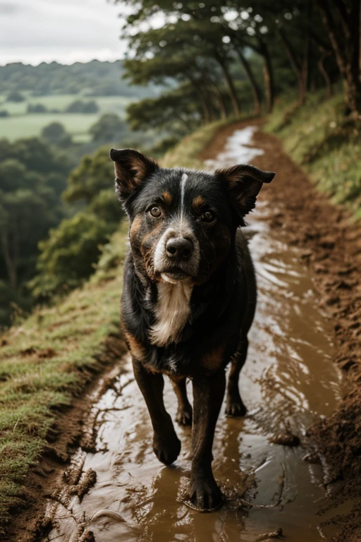 walks on a cliff,Well equipped,has mud on its face,eye detailed,Highest Quality,Light rain